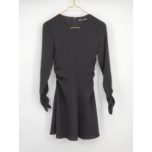 Zara Gathered Mini Dress Womens Long Zipper Sleeve Ruched Sides Black XS